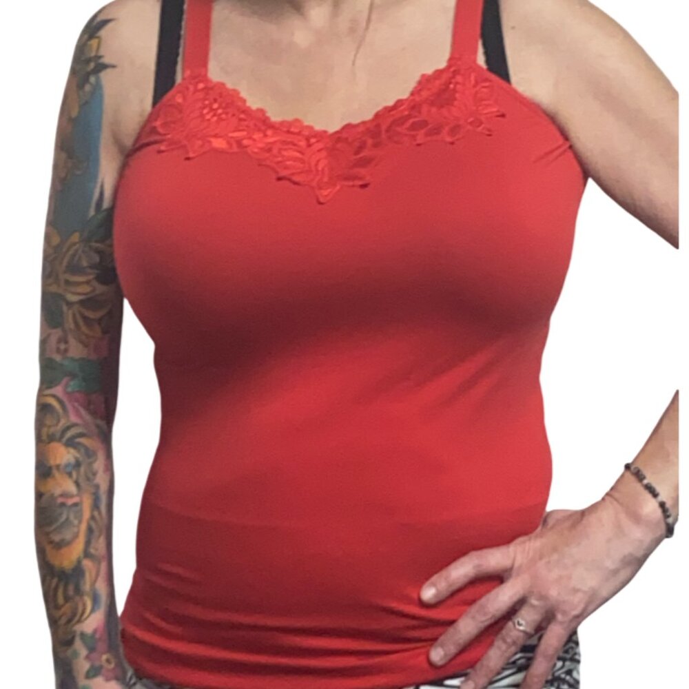 One Size*Fig So Blu*Red Spandex Tank Top--Lacy Neckline